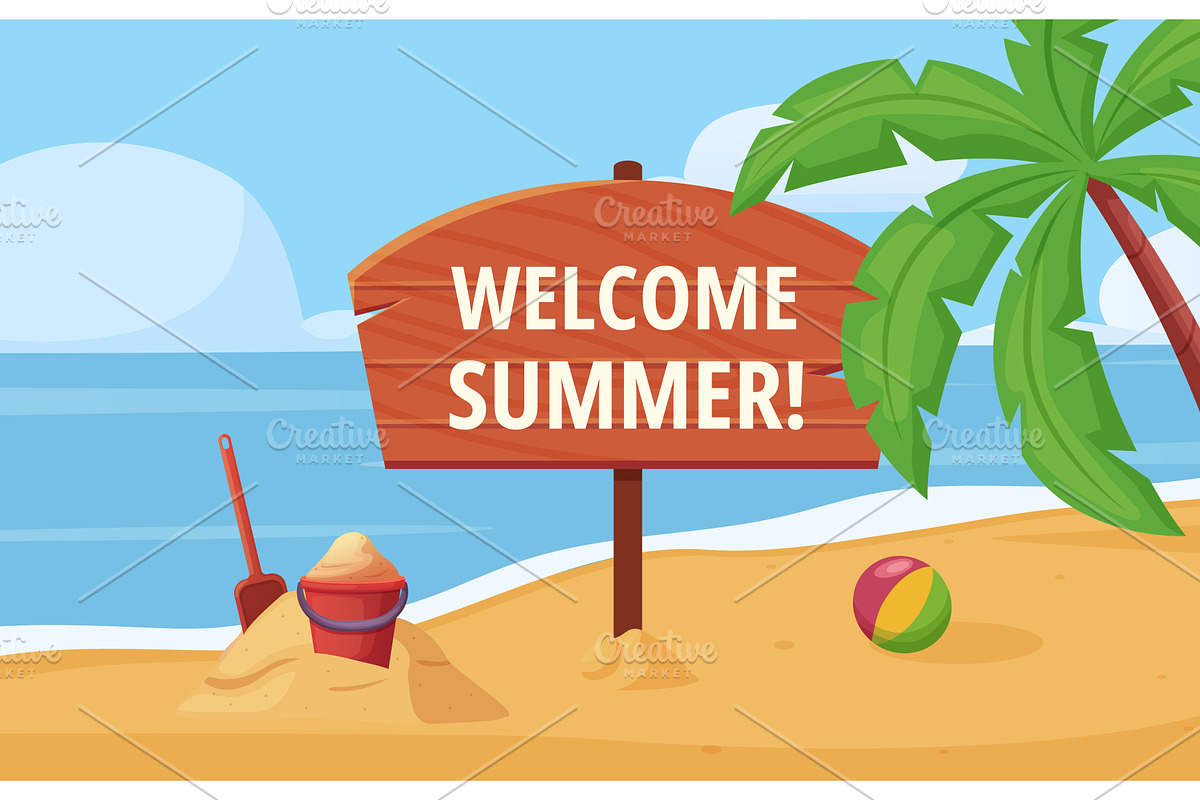 Welcome summer beach poster. Wooden, an Illustration by LadadikArt