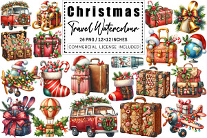 Christmas Travel Watercolour Clipart, a Graphic by CitraGraphics