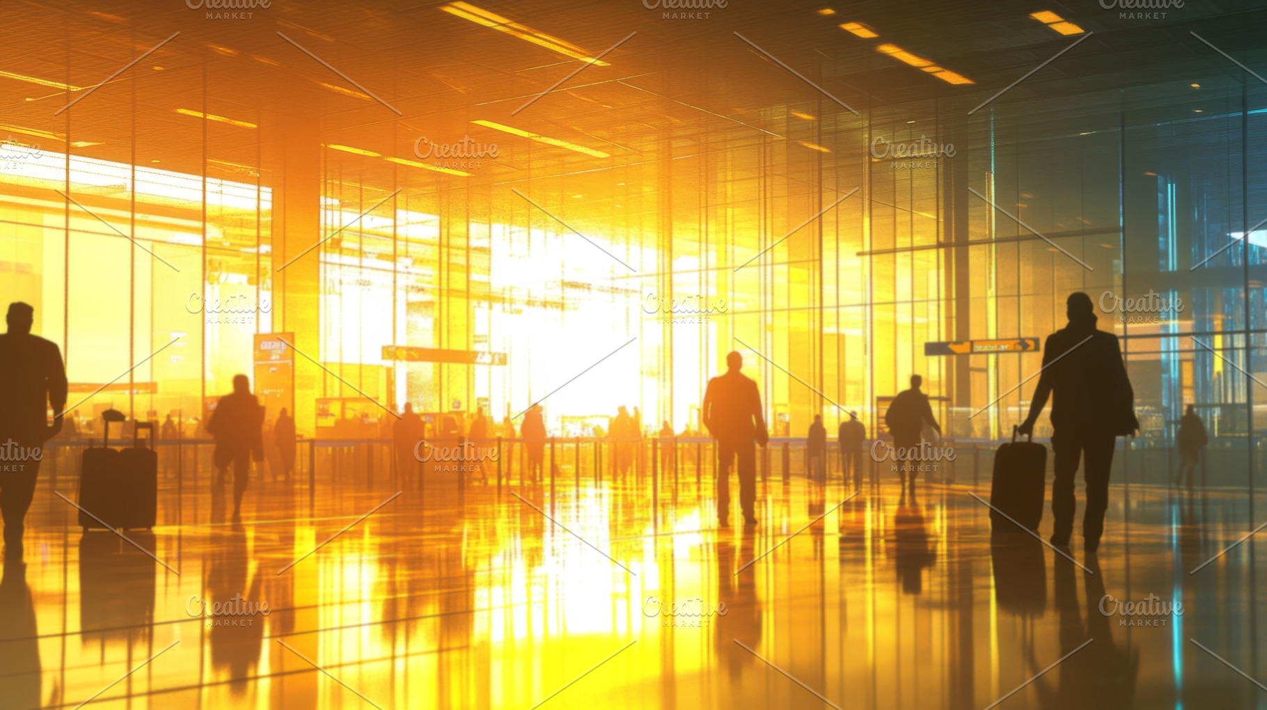 Busy Airport Terminal at Sunset with Silhouetted Travelers, an Abstract Photo by Natalia Klenova's Shop
