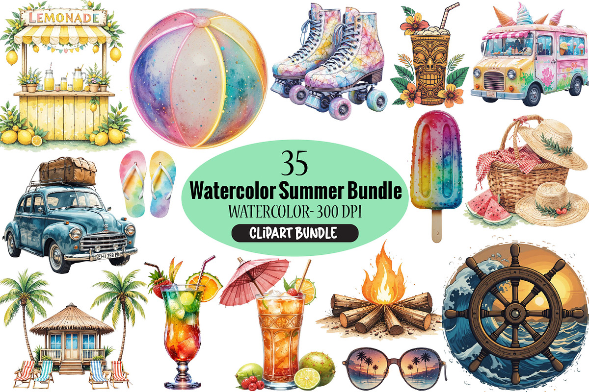 Watercolor Summer Clipart Bundle, an Illustration by Pixels.Craft (Photo 1 of 5)