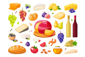 Cheese types, wine and food. Gourmet, a Food Illustration by YummyBuum