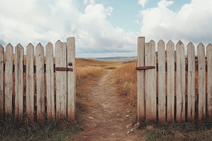Rustic wooden gate opens to a serene, a Photo by Tanuart