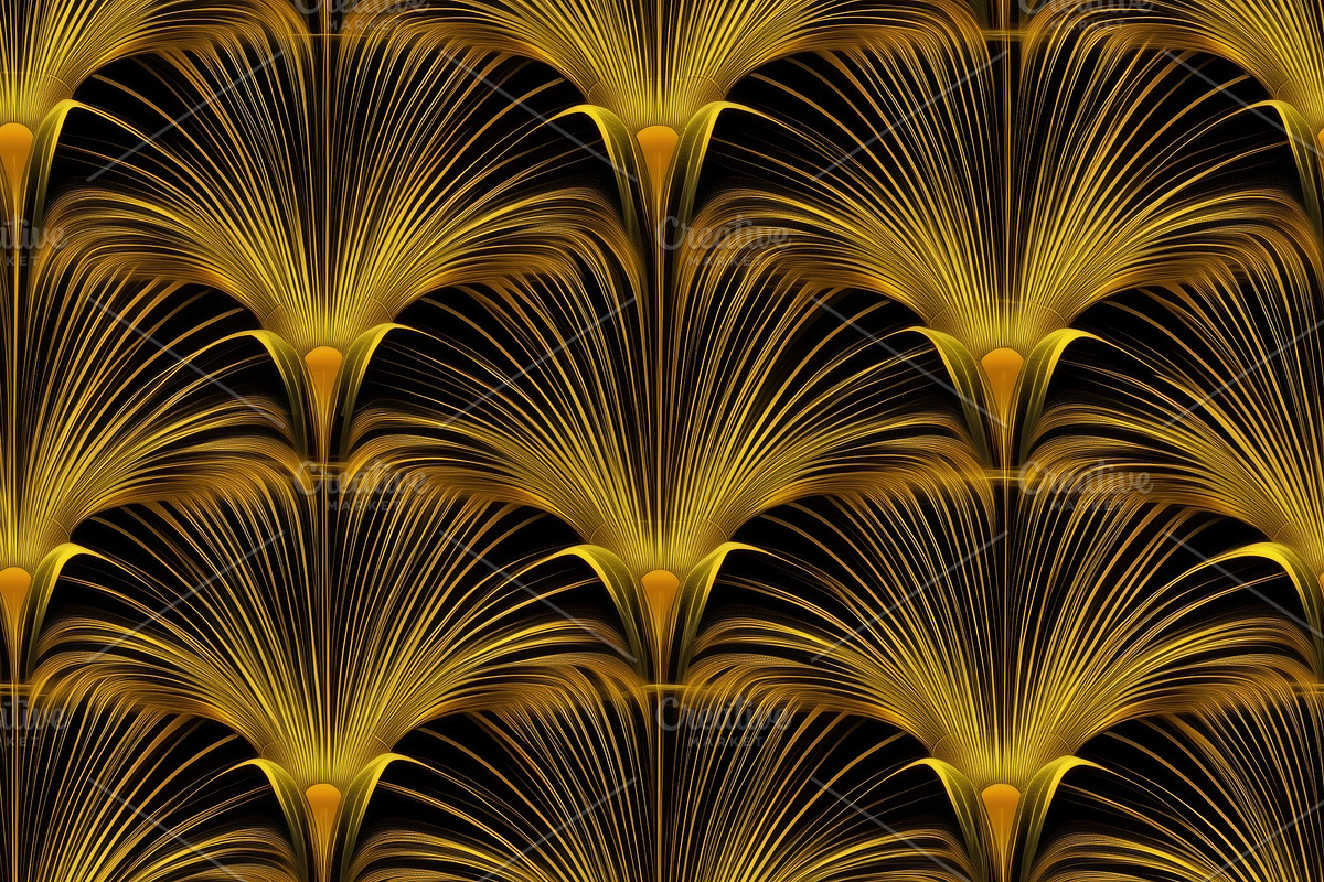 A seamless pattern featuring elegant golden fan shapes on a black background, c, a Pattern Graphic by Textures & Backgrounds