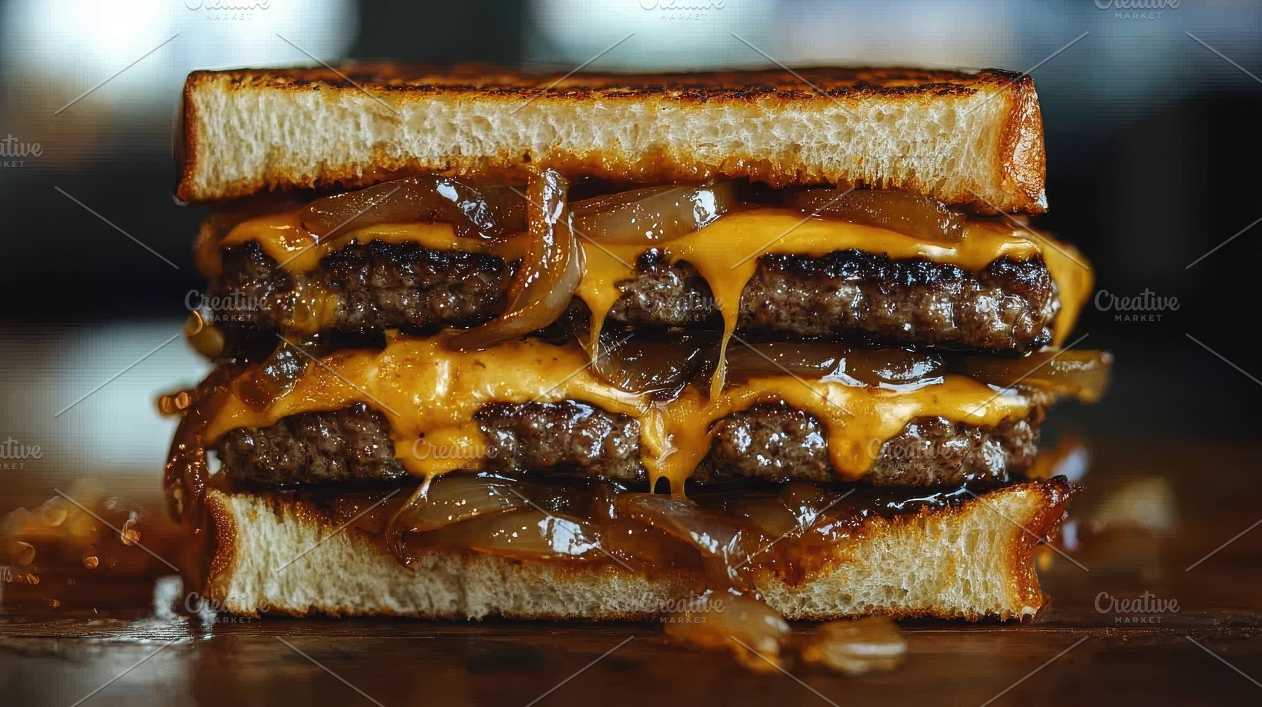 Stacked burger with cheese and caram, a Food & Drink Photo by Pixeness Studio