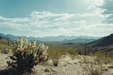 Lush cactus landscape with distant m, a Photo by Tanuart