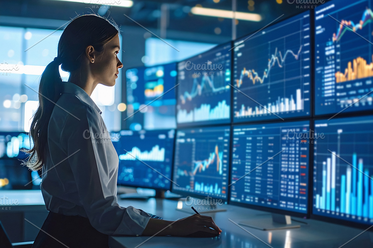 Businesswoman analyzing financial charts on multiple computer sc, a Business Photo by GoodGoods (Photo 1 of 2)
