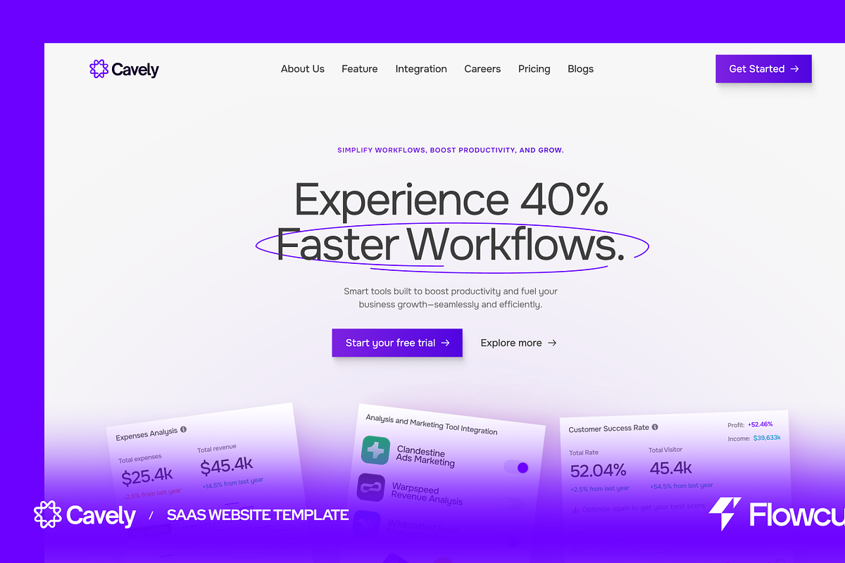 Cavely—SaaS Website Figma Template, a Templates & Theme by FlowCub Design (Photo 1 of 3)