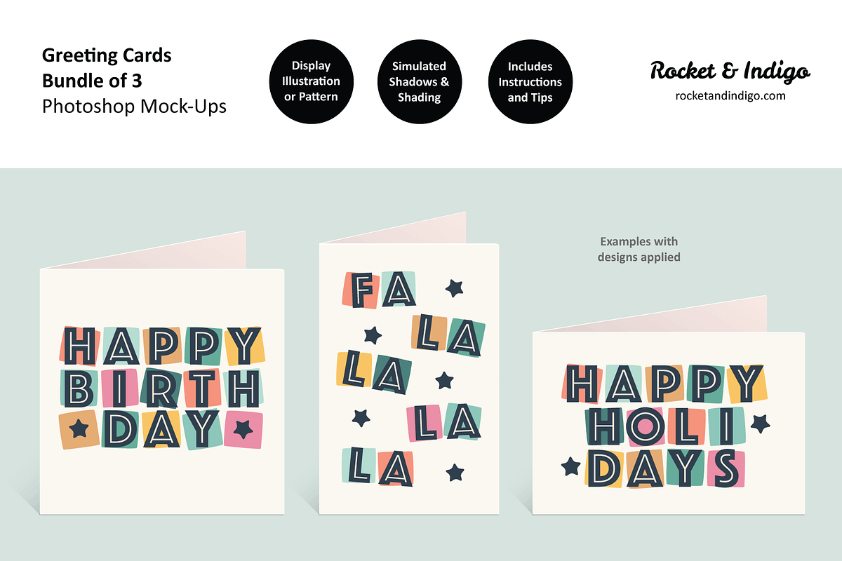 3 Greeting Card Photoshop Mock-Ups, a Print Template by Rocket & Indigo (Photo 1 of 10)