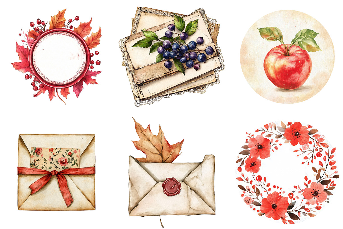 Red Vintage Fall Ephemera Clipart, an Illustration by Watercolor design (Photo 4 of 5)