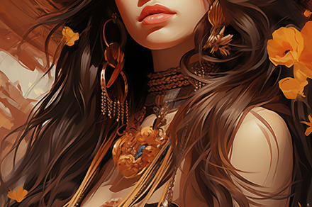 A bohemian portrait of a woman adorned with flowers and jewelry, wearing a larg, a Beauty & Fashion Photo by Textures & Backgrounds