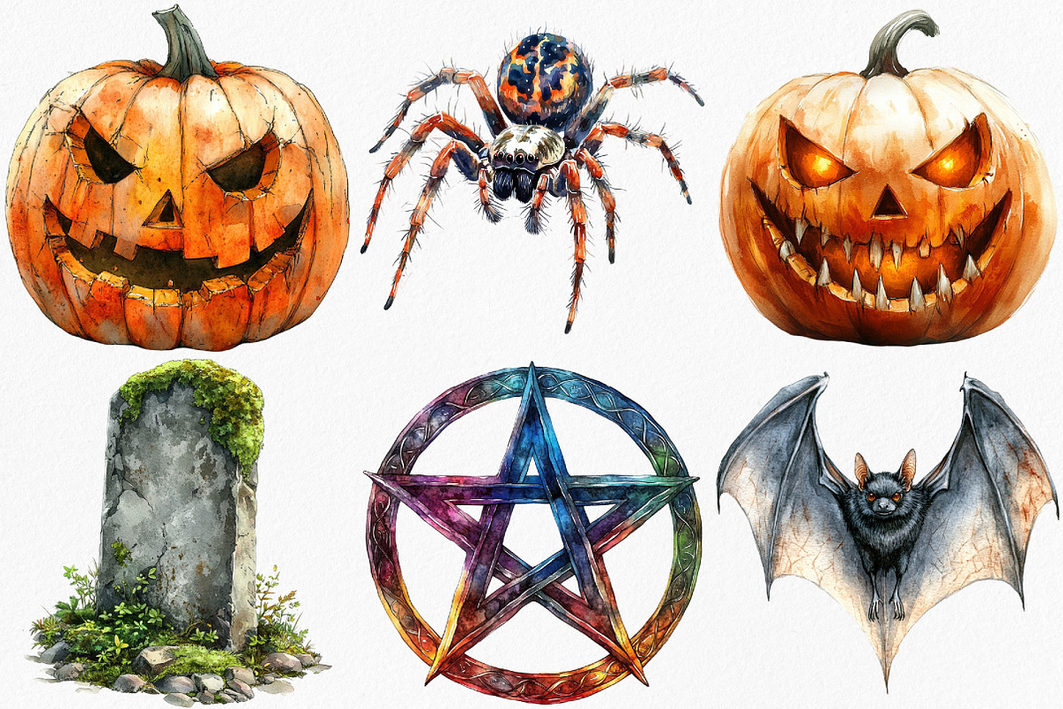 Watercolor Creepy Halloween Clipart, an Illustration by Canvas Craft (Photo 2 of 7)