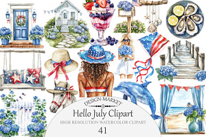 Watercolor Hello July Clipart, an Illustration by Design Market