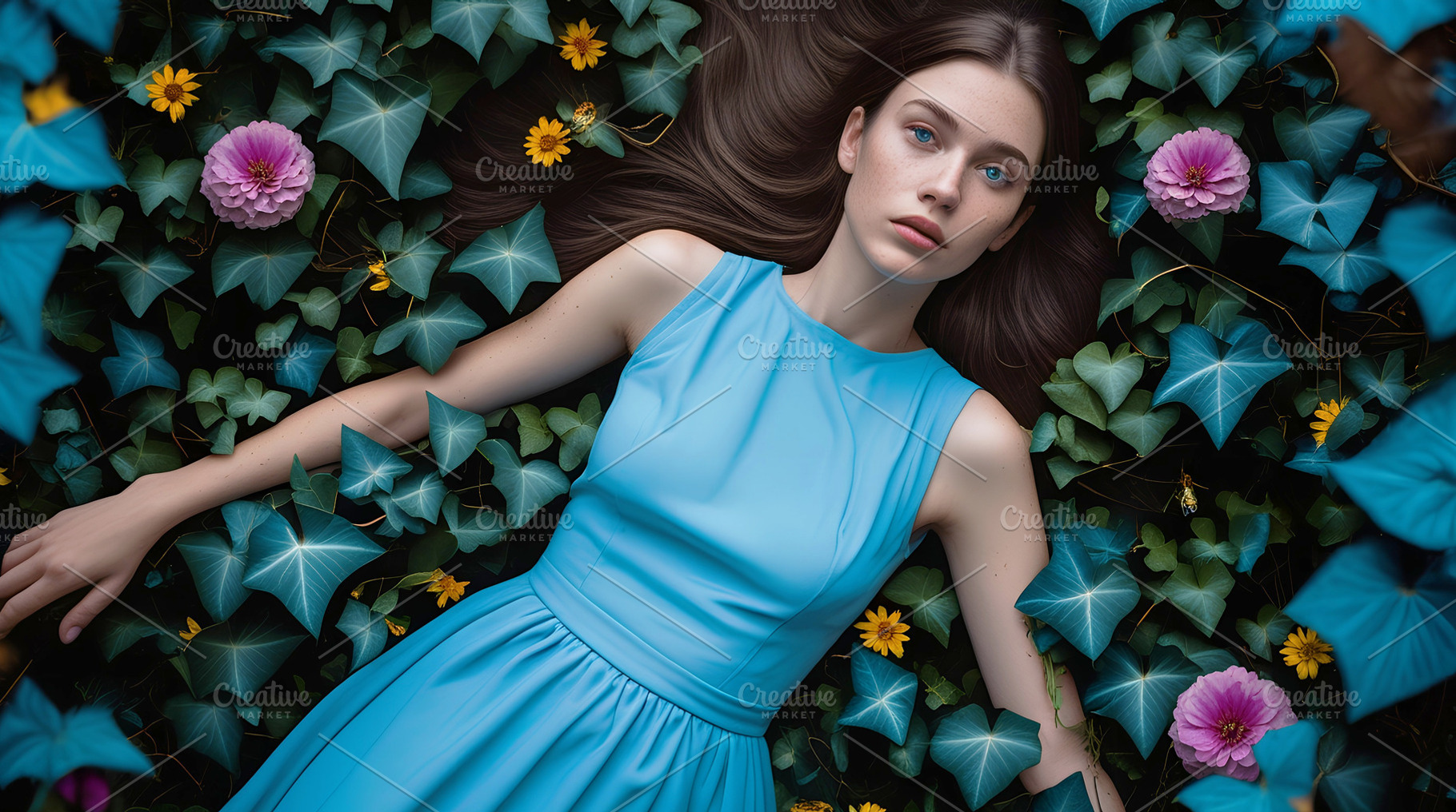 Woman Lying in Ivy with Flowers, a Person Photo by Stock Shape