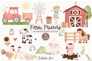 Farm Friends Watercolor Clipart, an Illustration by Estúdio Lin