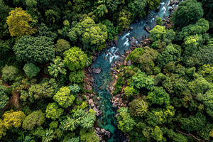 Aerial view of lush green rainforest, a Photo by Pixeness Studio