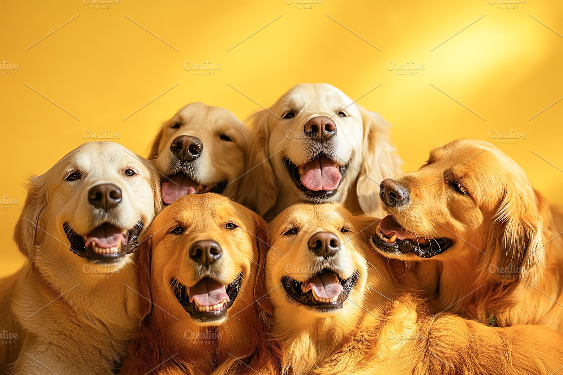 Group of Happy Golden Retrievers on Yellow Background, an Animal Photo by Ales Munt