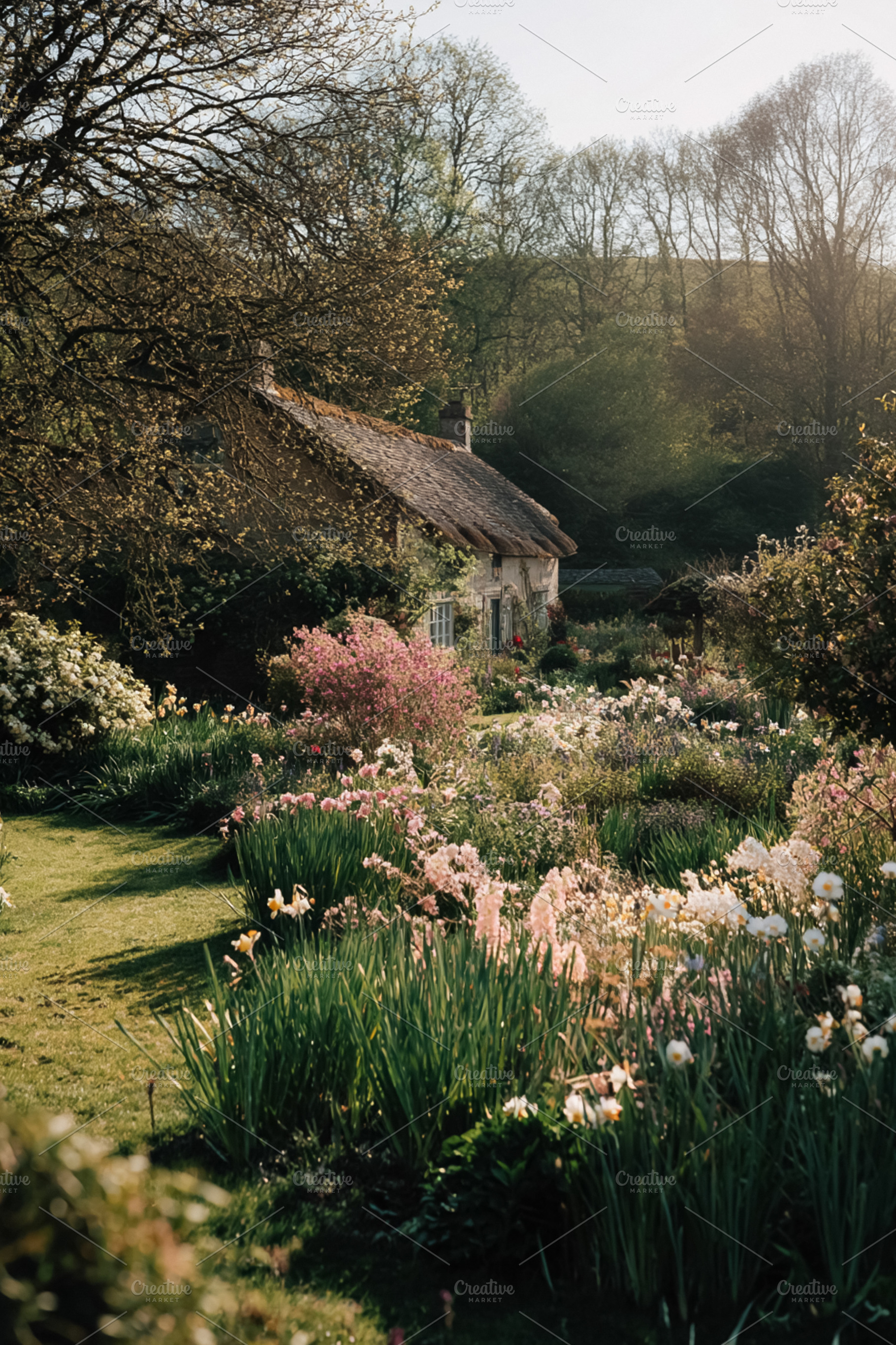 Traditional English country cottage with thatched roof and vibra, a Photo by Studio ANNA