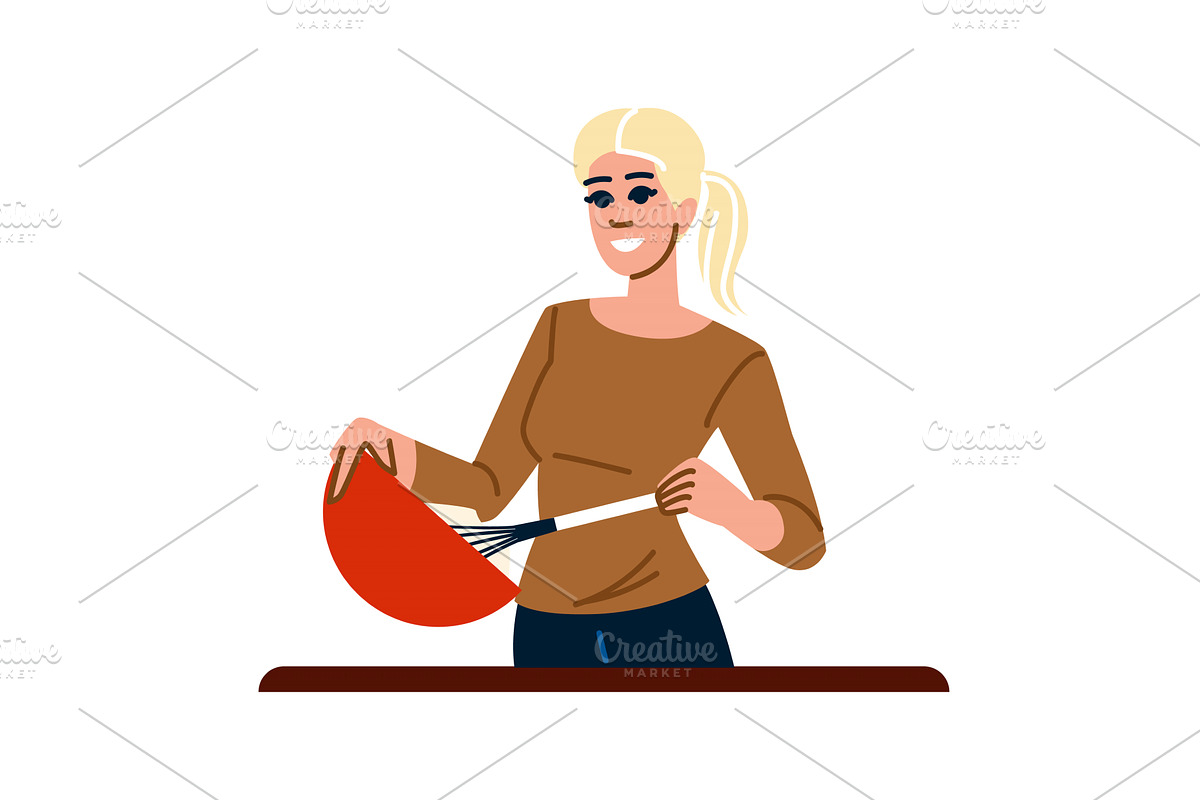 Smiling woman whisking ingredients, a Food Illustration by pikepicture