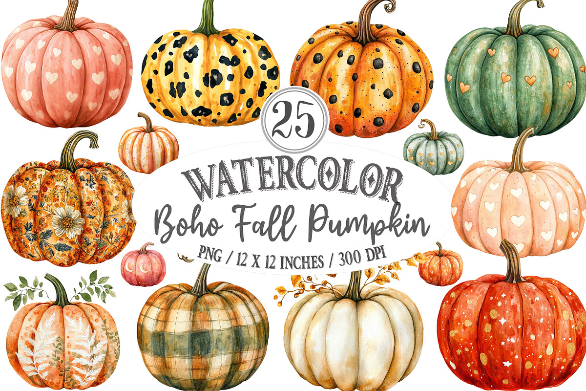 Preppy Boho Fall Pumpkin Clipart, a Seasonal Illustration by Designking (Photo 1 of 4)