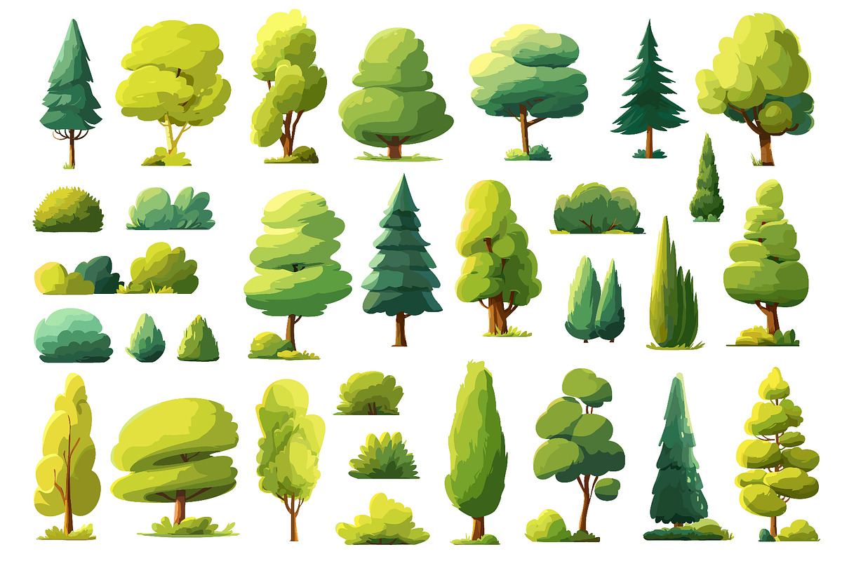 Cartoon green trees and bushes set, a Seasonal Illustration by Ksania