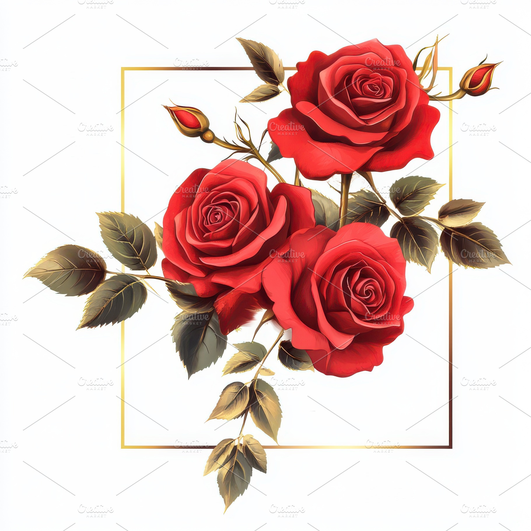 Red roses and golden geometric line, an Abstract Photo by Pixeness Studio