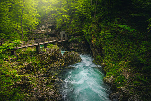 Wooden footbridge above the river, a Nature Photo by Alpine Dreams