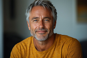 Smiling mature man with gray hair and beard wearing mustard yell, a Person Photo by José Manuel Gelpi