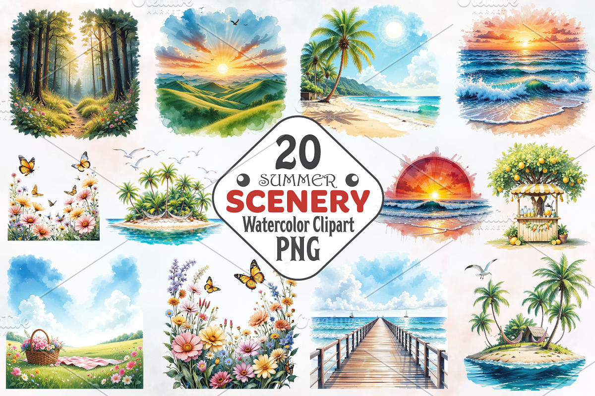 Summer Scenery Watercolor Cliparts, an Illustration by RobertsArt (Photo 1 of 8)