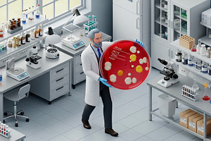 Microbiologist with giant Petri dish, a Photo by angellodeco