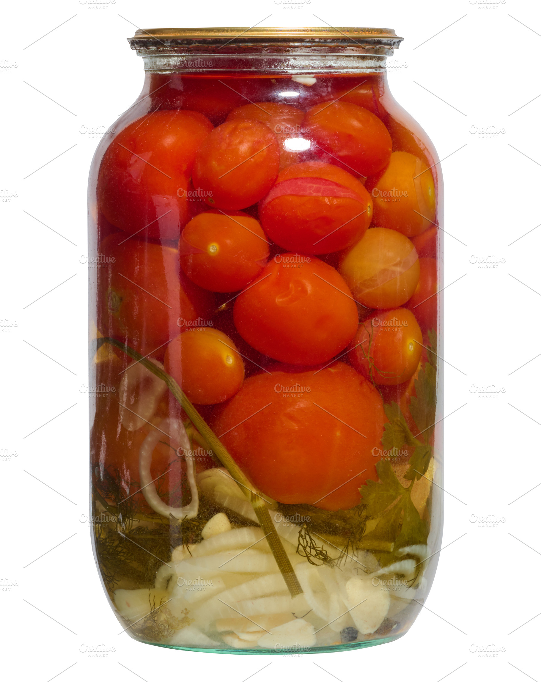 Glass jar with canned red tomatoes on isolated background, a Food & Drink Photo by ndanko