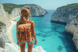 Backpacker admires stunning coastlin, a Photo by Tanuart