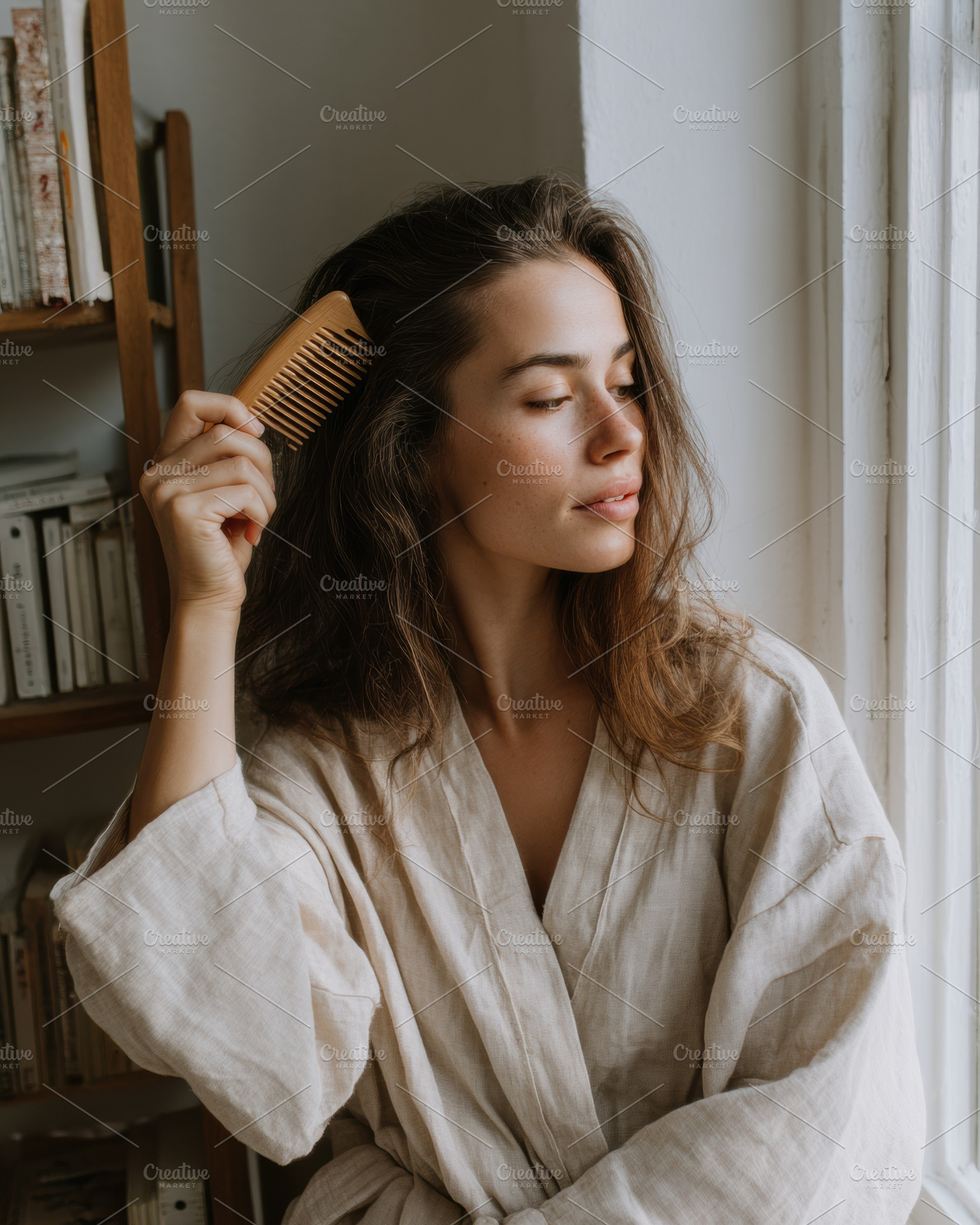 Woman combing damp hair, a Person Photo by Virgo Studio