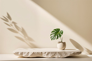 Minimalist stone podium with a monst, a Photo by rarrarorro