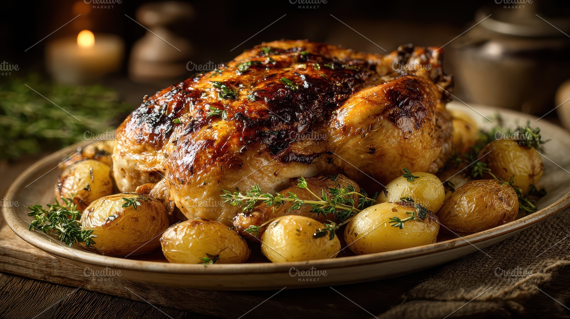 Roasted Chicken and Potatoes Thyme G, a Photo by Pixeness Studio