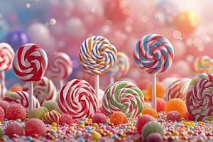 candies playfully scattered on a whi, a Photo by LOGOCREATIVE
