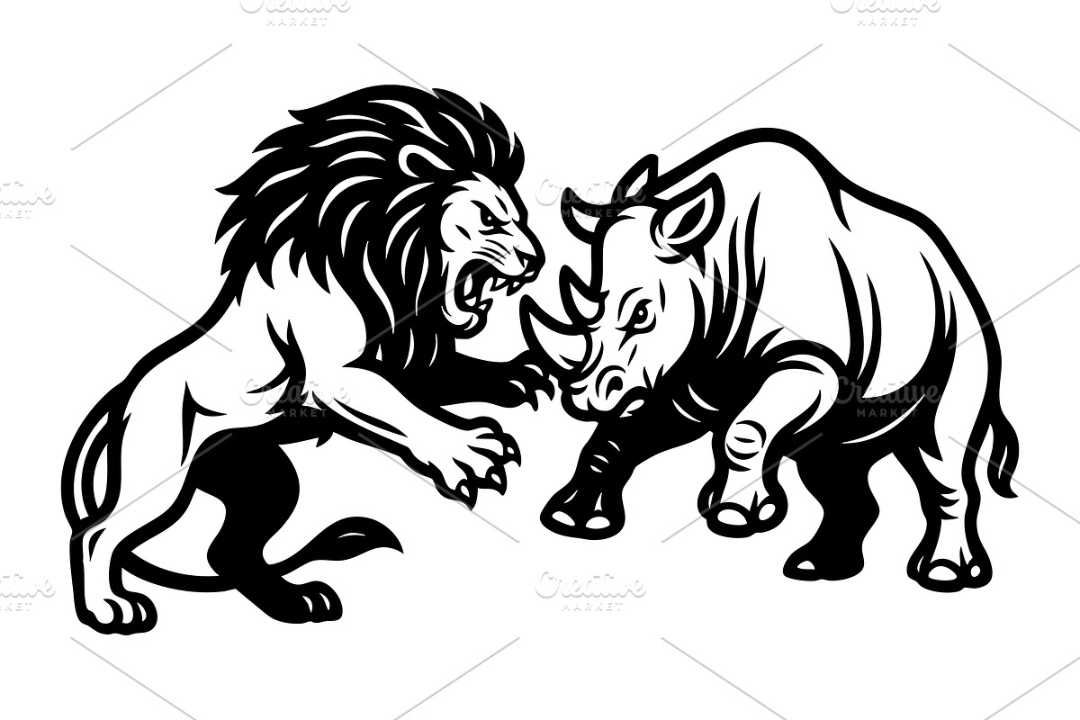Lion clashing with a rhinoceros., an Animal Illustration by yod67