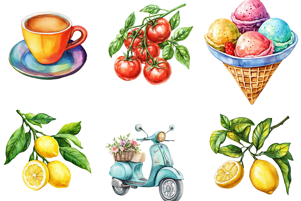 Watercolor Italian Summer Clipart, an Illustration by Designking (Photo 3 of 5)