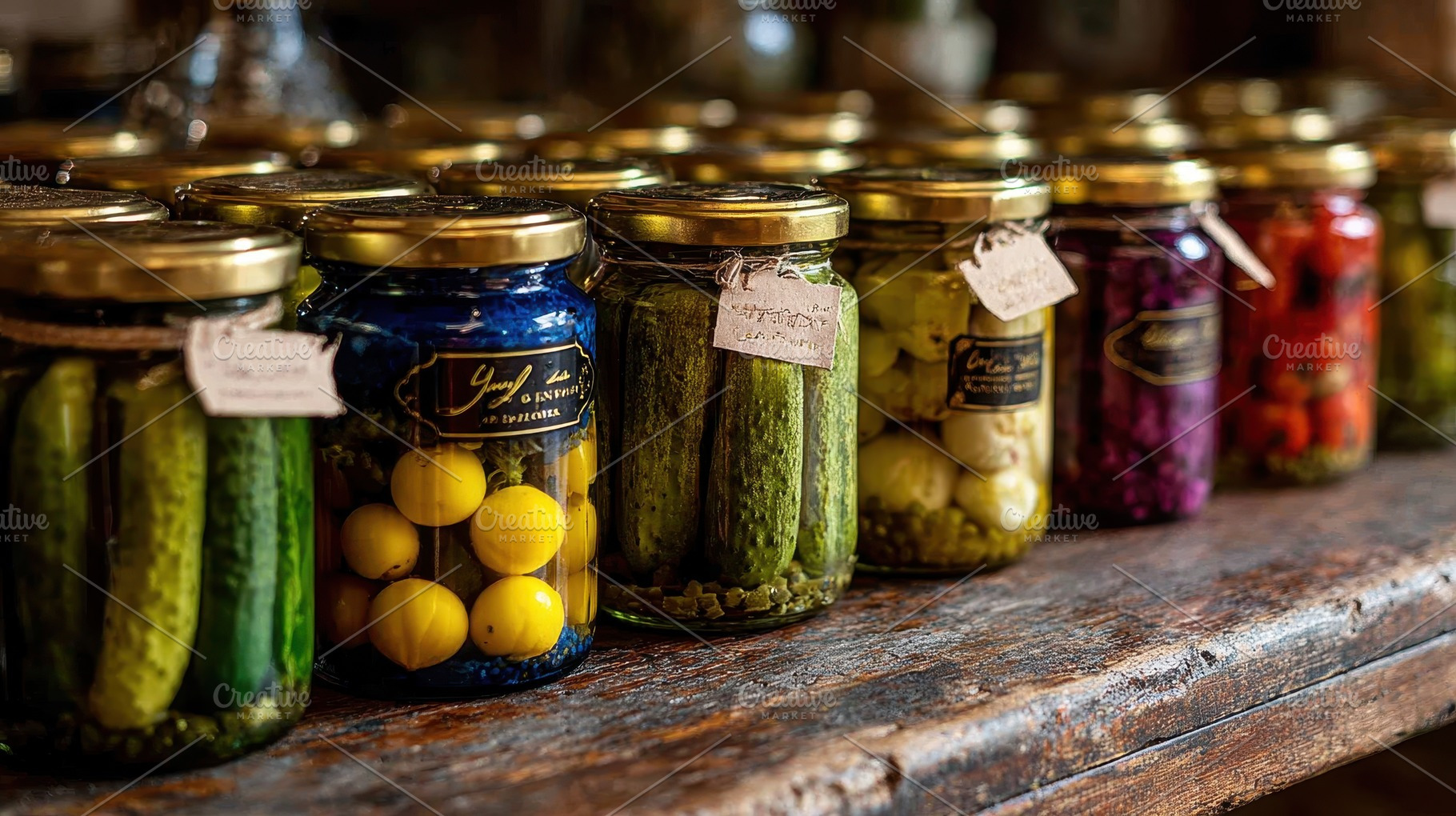 Preserved vegetables in glass jars o, a Photo by Pixeness Studio