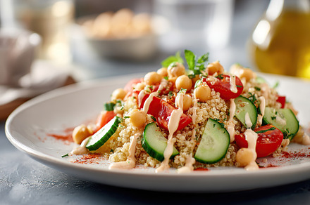 Delicious vegan salad featuring quinoa and chickpeas with fresh vegetables and, a Food & Drink Photo by AlyaAnd