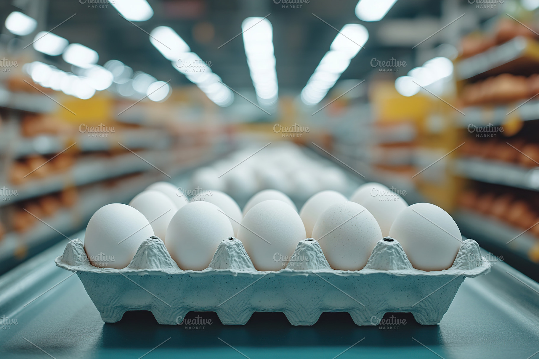 Fresh white eggs arranged neatly in a carton on a conveyor belt, a Food & Drink Photo by AlyaAnd
