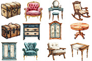 Vintage Furniture Watercolor Clipart, an Illustration by Designworld (Thumbnail 5 of 6)