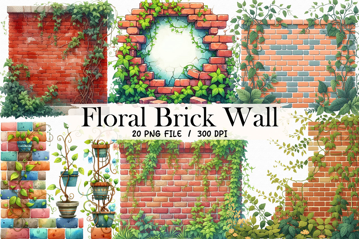 Floral Brick Wall Watercolor Clipart, an Illustration by Libby Wishes (Photo 1 of 4)