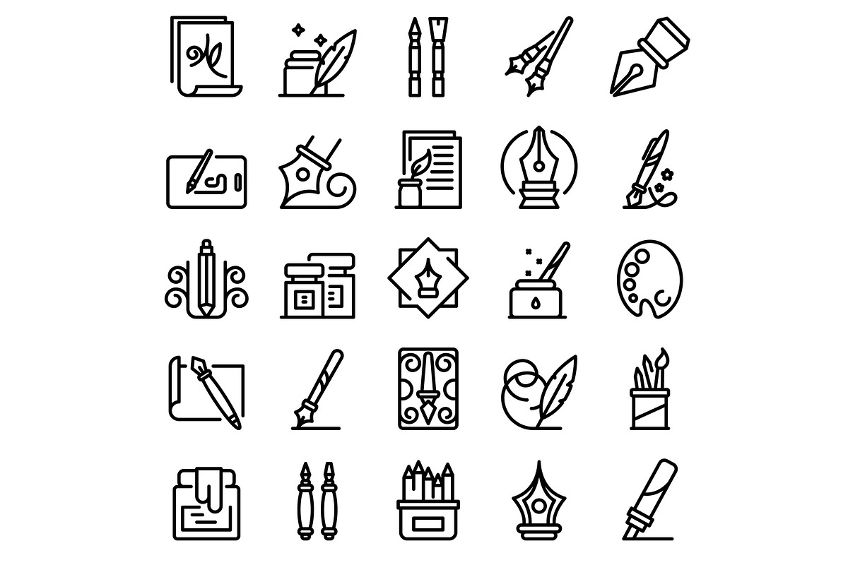 Calligraphy tools icons set, outline, a Decorative Illustration by Ylivdesign