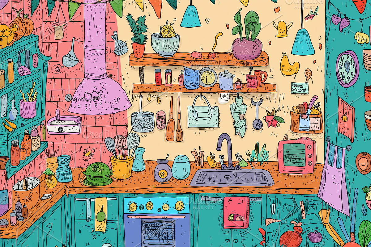 A colorful cartoon kitchen, an Object Illustration by Sybillla