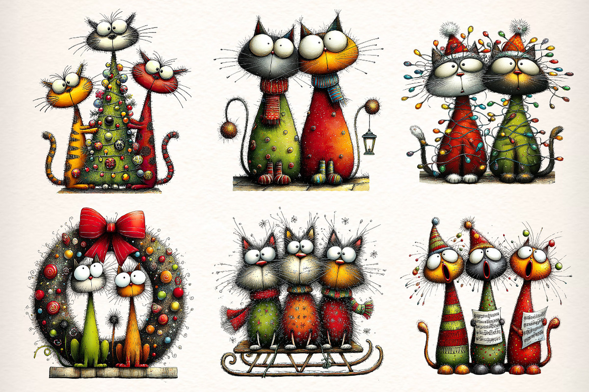 Whimsical Christmas Cats Clipart PNG, an Illustration by Dream Creation (Photo 2 of 8)