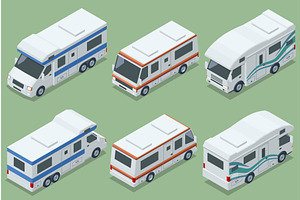 An isometric set of different camper, an Object Illustration by Golden Sikorka