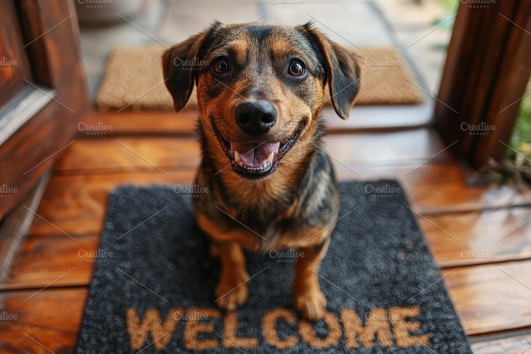 Brown dog sitting on a black welcome mat in front of wooden door, an Animal Photo by José Manuel Gelpi