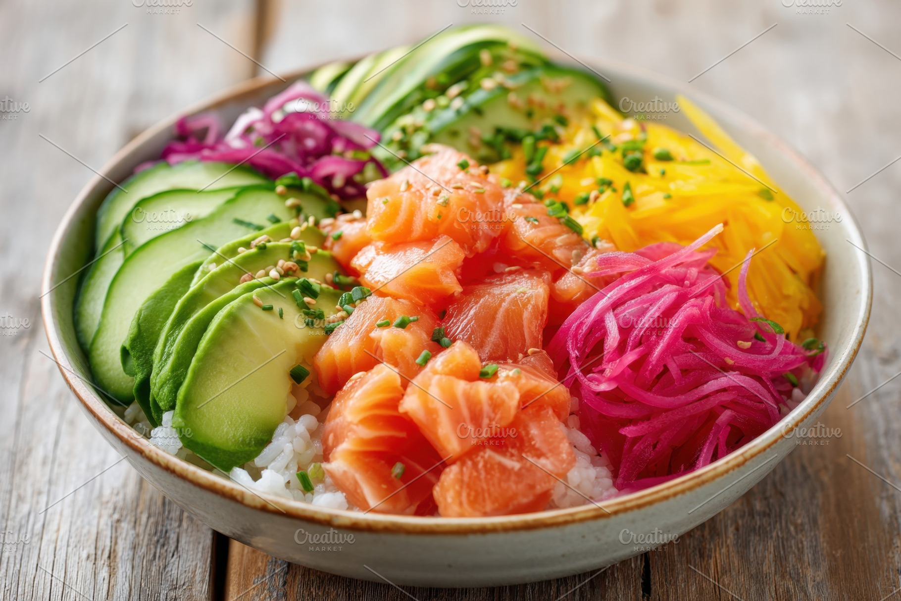 Fresh sushi bowl with salmon and vegetables, a Food & Drink Photo by AlyaAnd