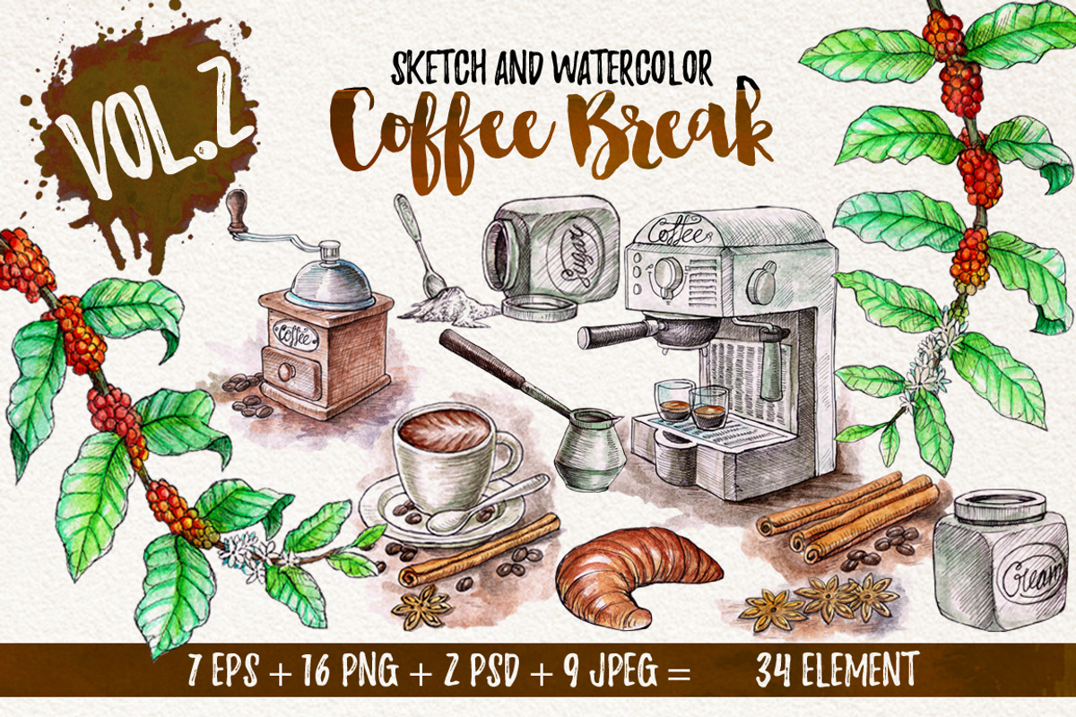 Watercolor Break Time Coffee, a Food Illustration by Graphobia (Photo 1 of 12)