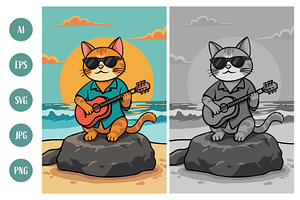 A cool cat plays guitar at the beach, an Animal Illustration by Saba Vector
